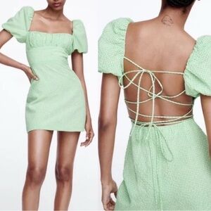 Green puff sleeve mini Zara dress